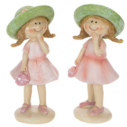 Decorative figurines of girls with hats, pink and green, 6.5x5.5x14.5cm, 2 pieces