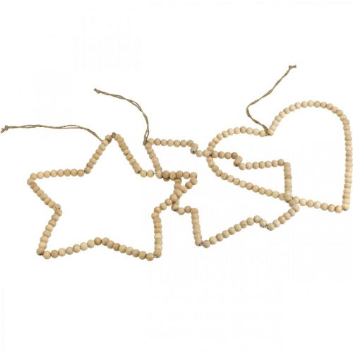 Product Deco hanger Christmas wooden beads heart star tree H20cm 3pcs