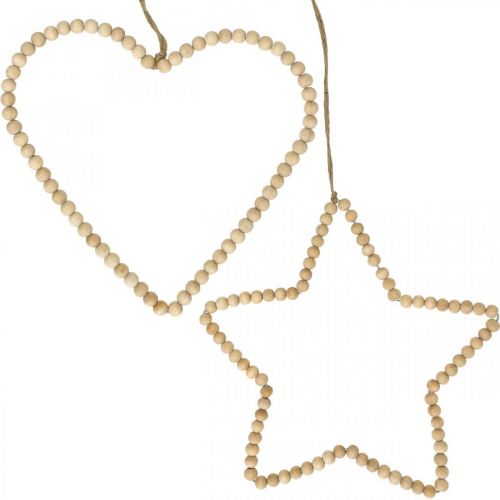 Product Deco hanger Christmas wooden beads heart star tree H20cm 3pcs