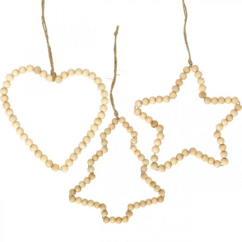 Decoration Christmas wooden beads heart star tree H13cm 6pcs