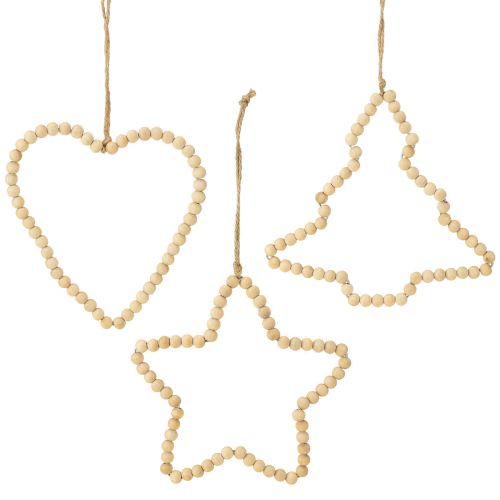 Decoration Christmas wooden beads heart star tree H16cm 3 pcs