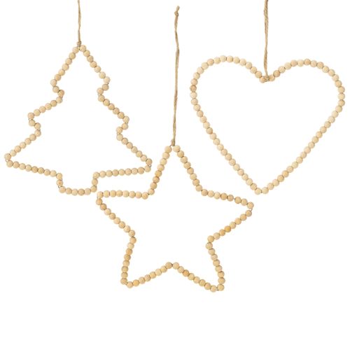 Product Deco hanger Christmas wooden beads heart star tree H20cm 3pcs
