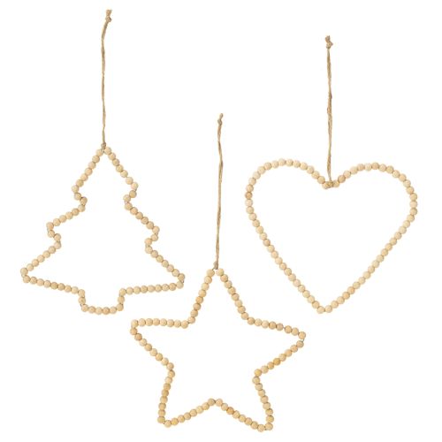 Product Deco hanger Christmas wooden beads heart star tree H20cm 3pcs