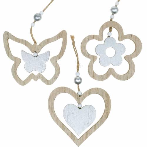 Decoration hanger heart flower butterfly nature, silver wood decoration 6pcs