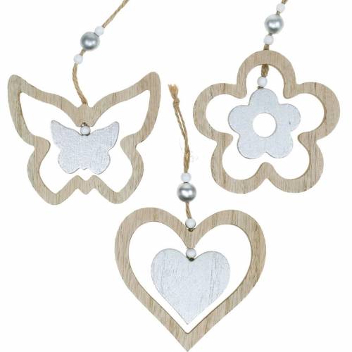 Product Decoration hanger heart flower butterfly nature, silver wood decoration 6pcs