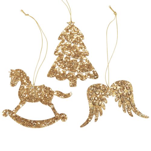 Floristik24 Deco hanger wood gold glitter Christmas tree decoration 10cm 6pcs