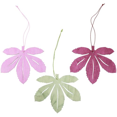 Deco hanger wood autumn leaves pink purple green 12x10cm 12pcs