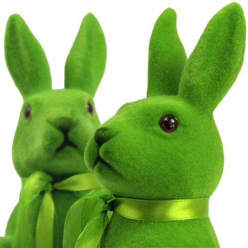 Product Decorative rabbits sitting green flocked H27.5cm 2pcs