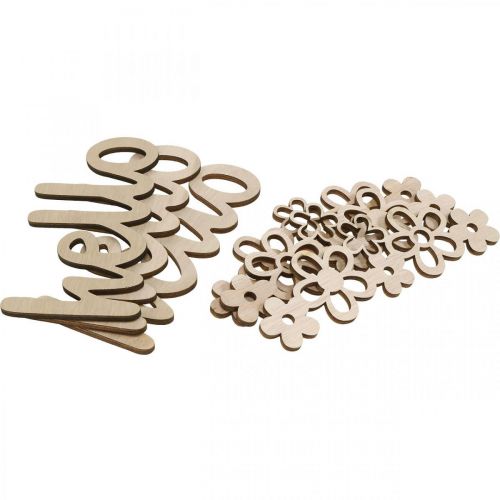 Product Wooden decoration flowers &quot;Hello&quot; nature deco sign with magnet 18/19.5cm 6pcs
