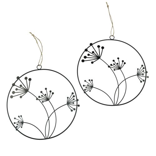 Product Decorative Ring Metal Hanging Decoration Black Flowers Ø23cm 2 Pcs