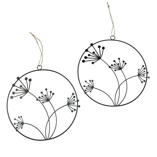 Floristik24 Decorative ring metal hanging decoration black flowers Ø23cm 2pcs