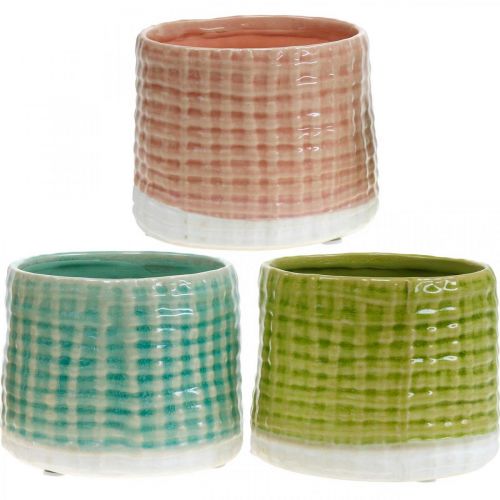 Decorative pots with basket pattern, planter, ceramic planter mint/green/pink Ø13cm 3pcs