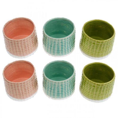 Floristik24 Ceramic planter, mini planter, ceramic decoration, decorative pot, basket pattern mint / green / pink Ø7.5cm 6pcs