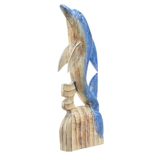 Dolphin figure maritime wooden decoration hand carved blue H59cm