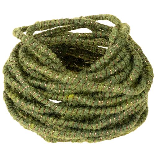 Green wool cord with gold thread, 5m x 5mm with wire, for decoration and crafting