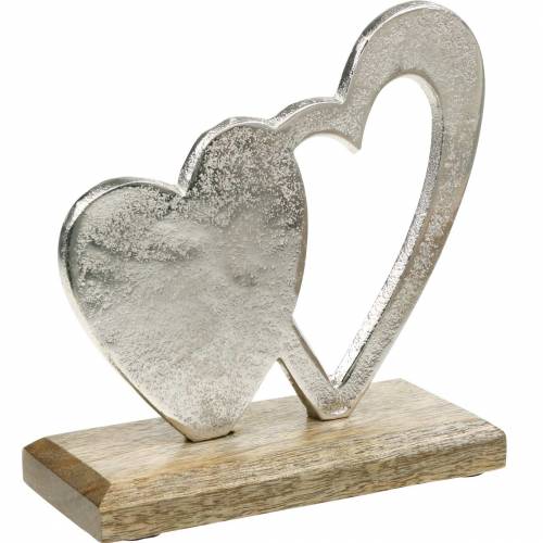 Floristik24 Decorative heart silver, metal heart on mango wood, Valentine&#39;s Day, table decoration double heart