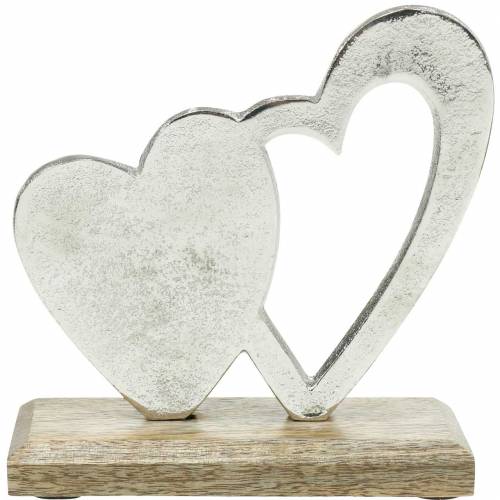 Floristik24 Decorative heart silver, metal heart on mango wood, Valentine&#39;s Day, table decoration double heart