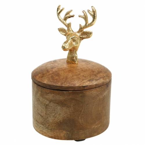 Floristik24 Box of mango wood with deer head golden Ø10cm H15cm