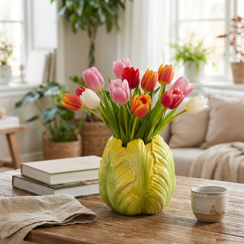 Product Flower vase with striking tulip motif. Perfect for living room decoration. 16cm, 2 pieces.
