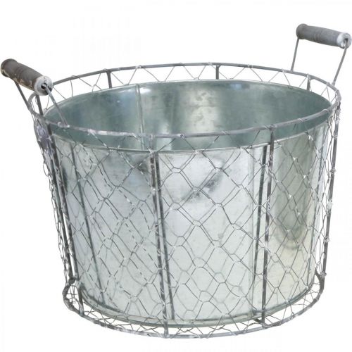 Wire basket with metal bowl, plant pot, spring decoration silver, washed white, shabby chic Ø30cm H25.5cm