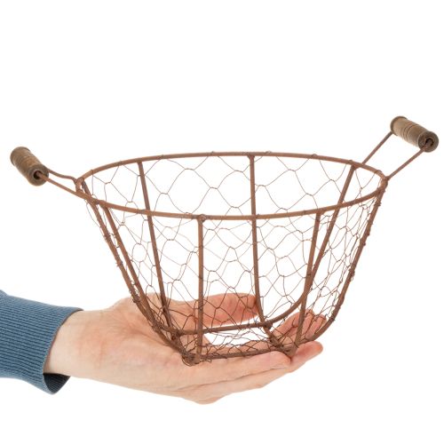 Vintage round wire basket with wooden handles, metal basket, rust finish, Ø22cm | Floristik24.co.uk