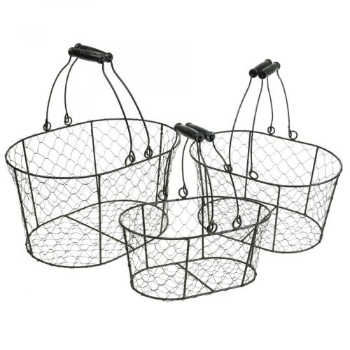 Product Wire basket with handles black metal 35/31/27cm set of 3