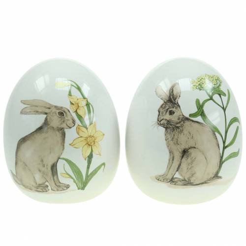 Floristik24 Ceramic egg white with rabbit motif Ø12.5cm H16cm 2pcs