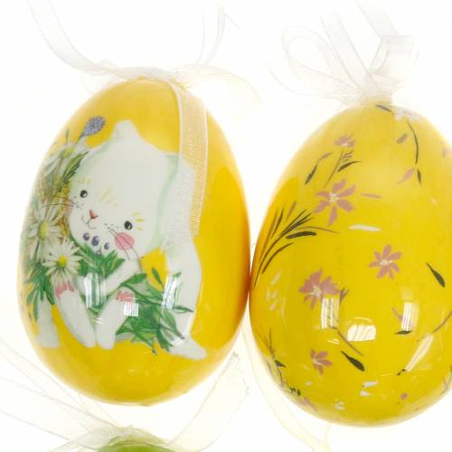 Product Decorative Easter bouquet egg to hang yellow, green assorted H7cm 6pcs
