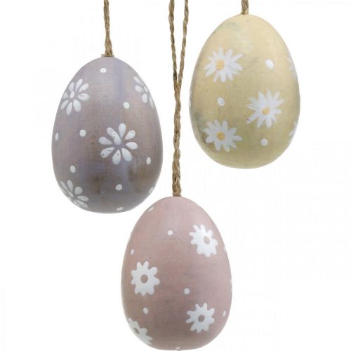 Product Easter eggs with flowers decoration for hanging wooden egg sorted 7cm 3pcs