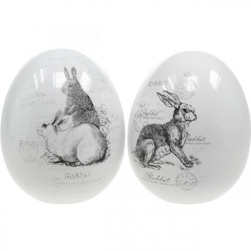 Floristik24 Ceramic egg, Easter decoration, Easter egg with rabbits white, black Ø10cm H12cm set of 2