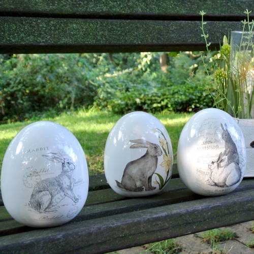 Floristik24 Ceramic egg white with rabbit motif Ø12.5cm H16cm 2pcs