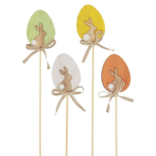 Flower Stick Easter Decoration Wooden Egg with Rabbit Colorful 5×7cm 12 Pcs