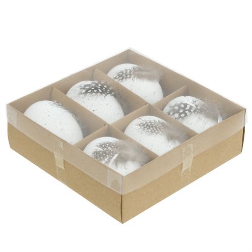 Floristik24 Eggs white with feathers 7cm 6pcs