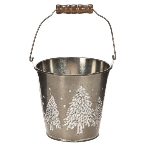 Decorative Zinc Bucket with Embossed Trees and Wooden Handle, 13cm, Silver Finish