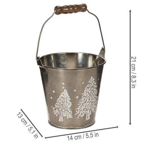 Decorative Zinc Bucket with Embossed Trees and Wooden Handle, 13cm, Silver Finish | Floristik24.co.uk