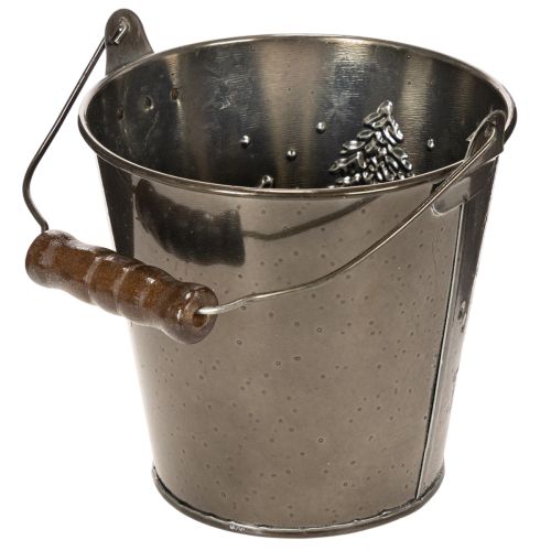 Decorative Zinc Bucket with Embossed Trees and Wooden Handle, 13cm, Silver Finish | Floristik24.co.uk