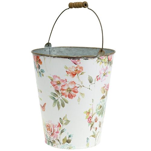 Floristik24 Bucket White with flower pattern Ø20,5cm H22,5cm