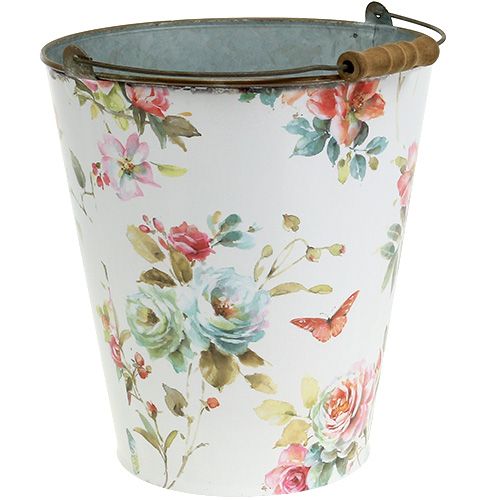 Floristik24 Bucket White with flower pattern Ø20,5cm H22,5cm