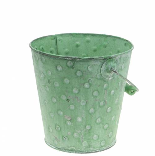 Decorative bucket planter with dots metal green washed Ø16cm H15.5cm