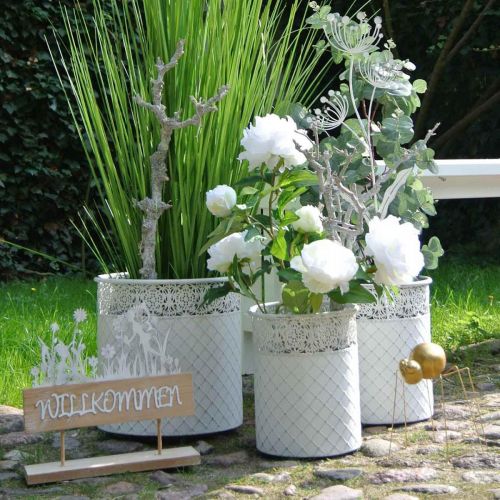 Product Plant pot with lace pattern, metal vessel, decorative bucket white, silver shabby chic H28/25.5/23.5 cm Ø29.5/25.5/20 cm set of 3