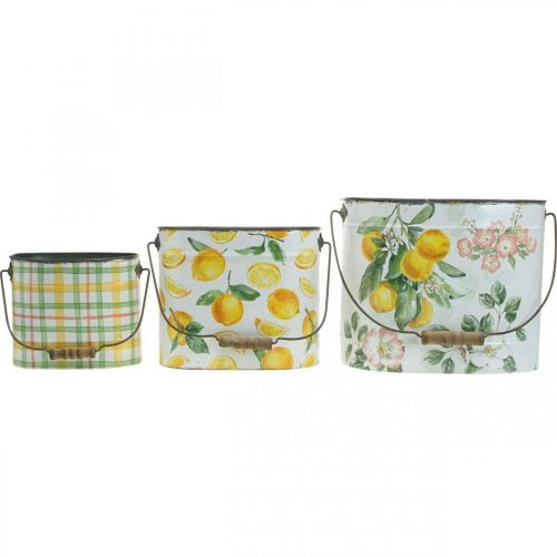 Product Metal pot green-yellow, summer decoration, bucket with handle, Mediterranean lemon motif L28/22.5/cm H23/18/15cm