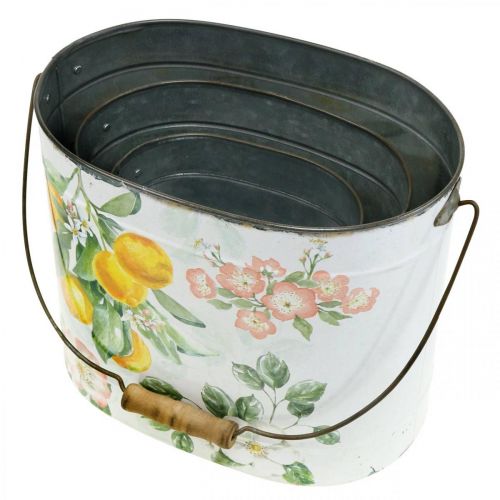 Product Metal pot green-yellow, summer decoration, bucket with handle, Mediterranean lemon motif L28/22.5/cm H23/18/15cm