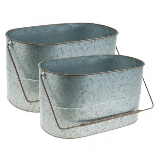 Floristik24 Plant bowl with handle, metal pot, planter silver, brown H22/20cm L42/40cm set of 2