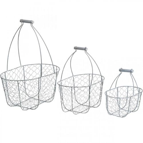 Floristik24 Wire basket with handle, baskets nostalgic, metal basket shabby chic, antique look silver, white L35/30/25cm H46.5/35/25cm set of 3