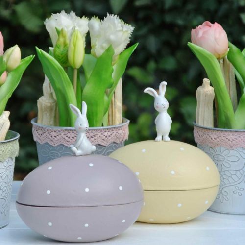 Product Bunny on egg, decorative egg to fill, Easter, decorative box yellow, purple H17/16cm L15cm set of 2