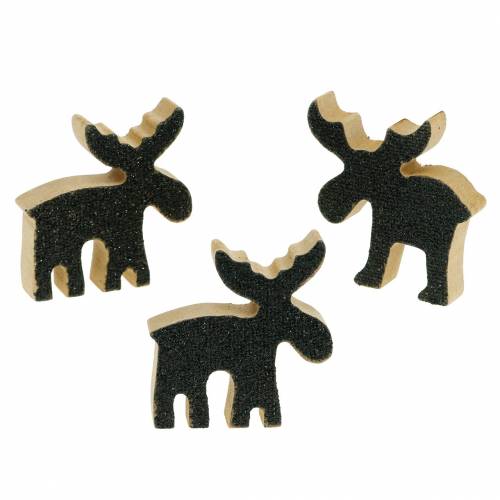 Floristik24 Christmas Decoration Elk Wood Black Glitter 5×5.5cm 12 pcs