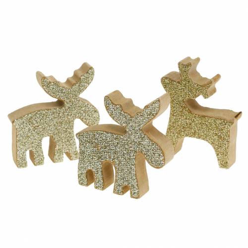 Floristik24 Scatter Decoration Christmas Elk Wood Golden, Glitter 5×5.5cm 12 pcs