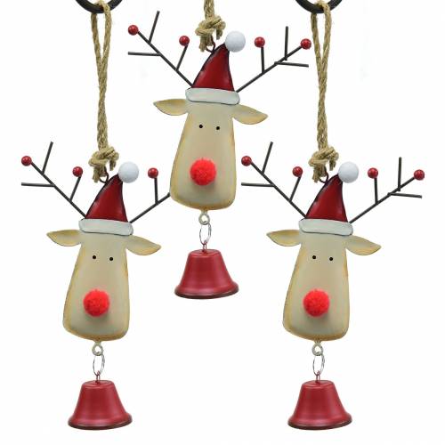 Floristik24 Christmas pendant elk head with bell 11.5cm red, beige 3pcs