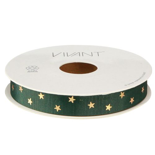 Floristik24 Elegant decorative ribbon in dark green with golden stars Width 15mm Length 20m