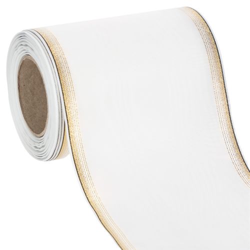 Elegant Moiré wreath ribbon, 125mm, white with gold edging - High-quality decorative ribbon for floristry and celebrations buy online | Floristik24.co.uk